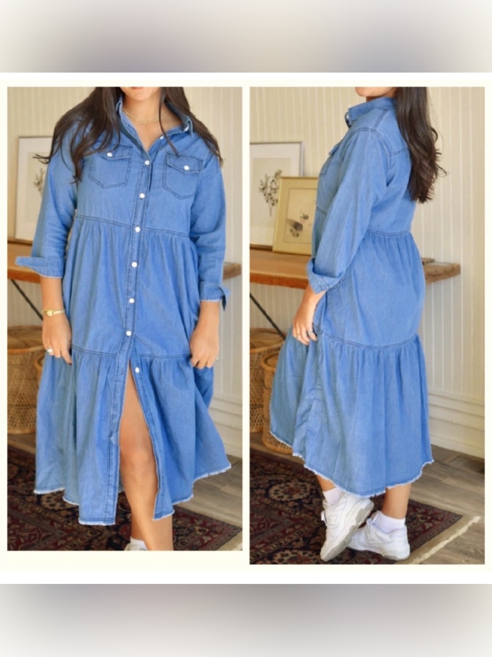 Denim Button-Front Tiered Midi Dress